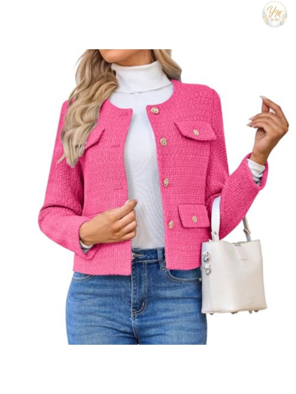Women's Tweed Blazer Jacket Casual Long Sleeve Button Down Cropped Coat